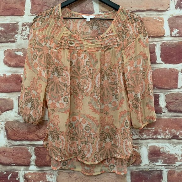 LAUREN CONRAD WOMEN'S PINK & TAUPE MULTICOLOR BOHO FLORAL PULLOVER BLOUSE - Picture 1 of 7